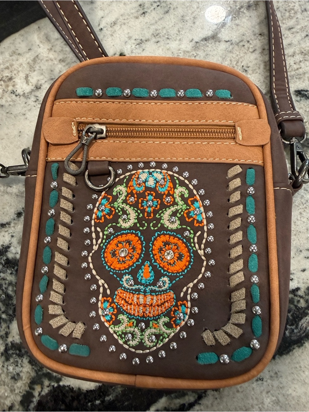 Embroidered Sugar Skull Crossbody Bag - Brown with Teal & Orange Accents